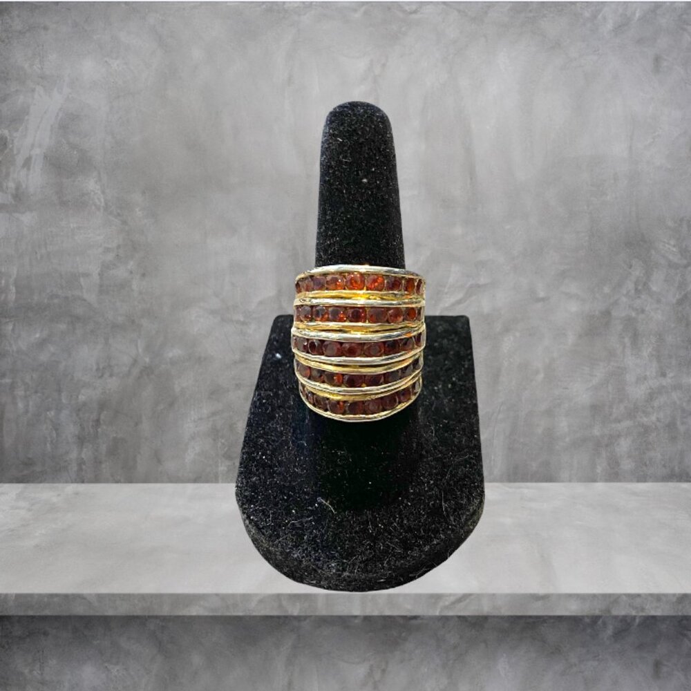 Gold Toned Ruby Ring, Alternating Bands of Metal with Rows of "Rubies" (Faux)